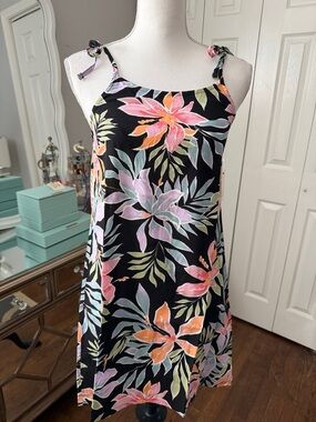 Billa Bong "So Coy Mini" Floral Tie-Shoulder Slip Dress Blk w/ Pastel Blooms XS